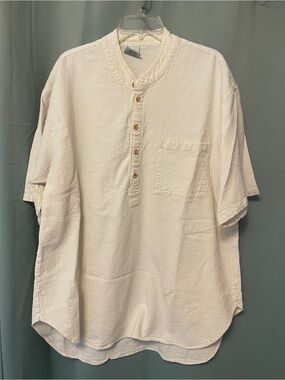 Vintage Drawstrings Of Malibu Cream Short-Sleeve Cotton Henley Shirt 2XL